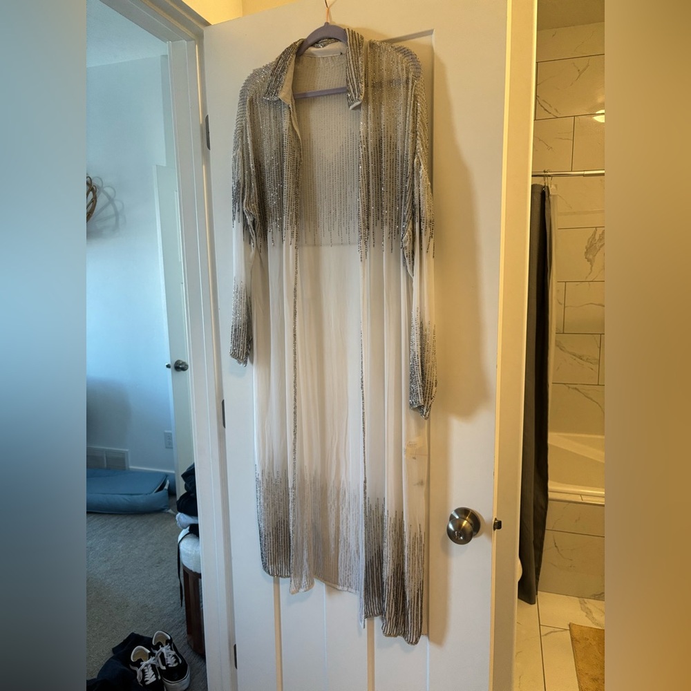 NWOT Nasty Gal: beaded white and silver sheer shirt/cover